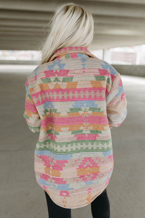 Western Aztec Print Button Flap Pocket Shacket